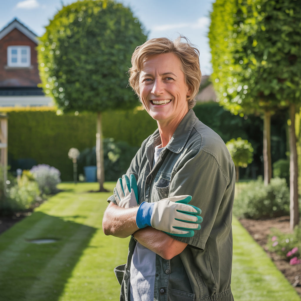 Happy homeowner in their well-maintained garden with trimmed trees